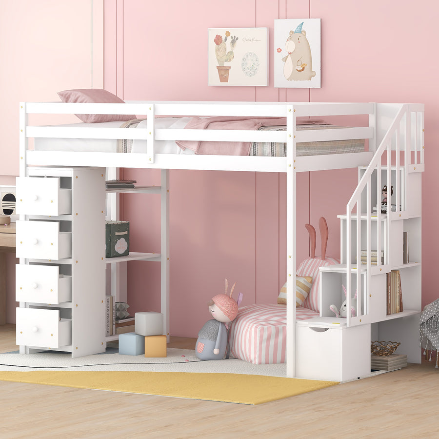 Twin Size Loft Bed with Storage Drawers and Stairs - White - primary color shot