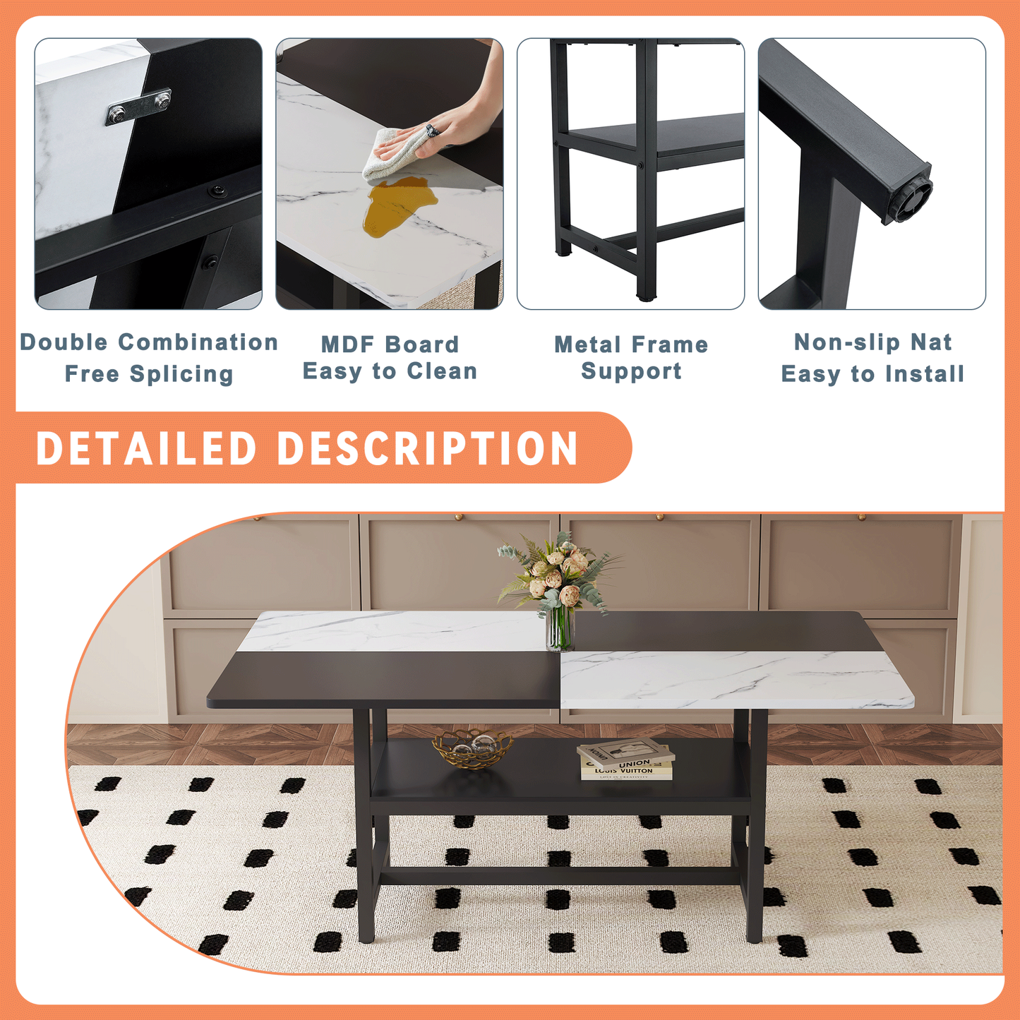 71" Long Two-Color Splicing Fashionable Dining Table - White & Black - detail view 5