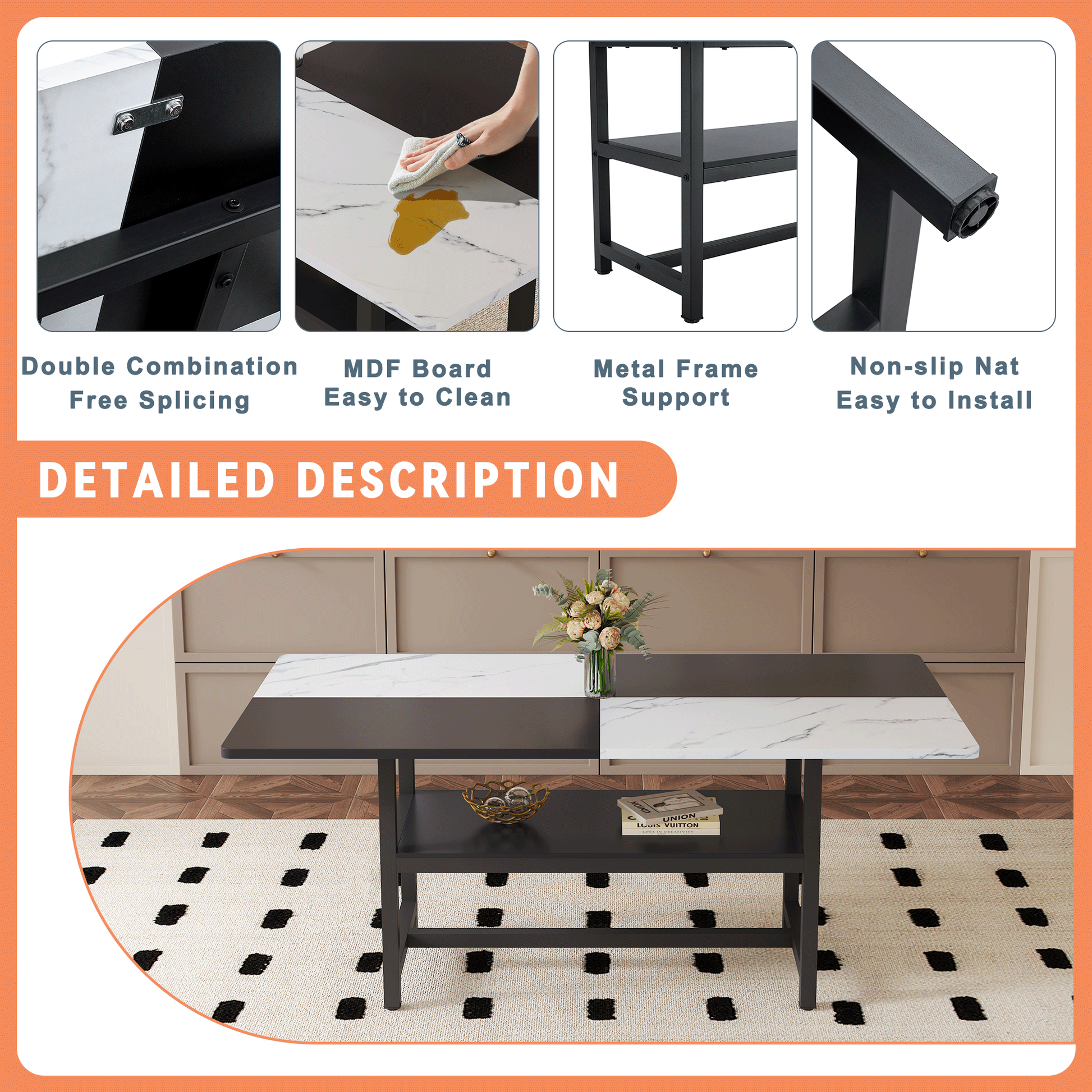 71" Long Two-Color Splicing Fashionable Dining Table - White & Black - detail view 5