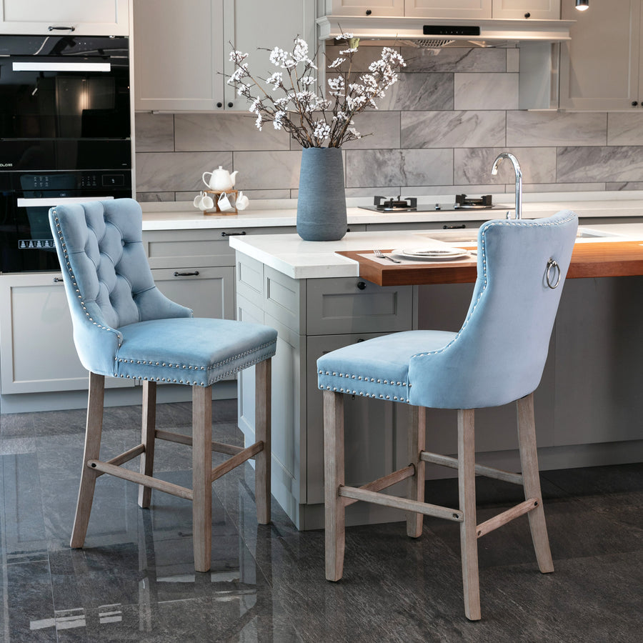 Light Blue Velvet Tufted Nailhead Trim Bar Stool with Silver Legs (Set of 2)