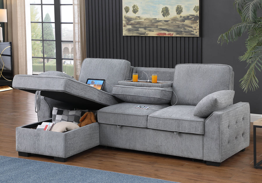 Mackenzie 91'W Light Gray Chenille Fabric Reversible Sleeper Sectional with Storage Chaise, Drop-Down Table, Cup Holders and Charging Ports - primary color shot
