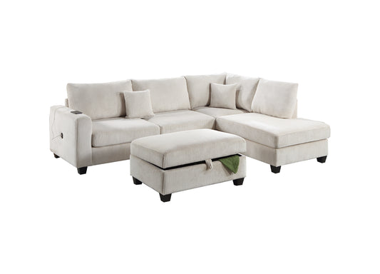 Ivory Color 3pc Sectional Set Corduroy Upholstered LAF Sofa RAF Chaise Ottoman L-Sectional Living Room Furniture - detail view 2