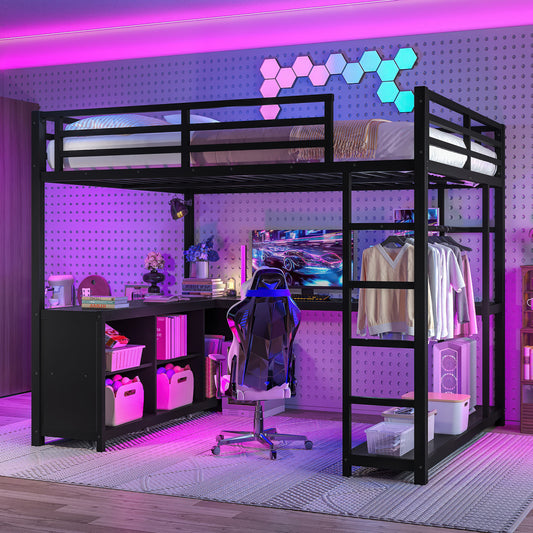 Metal Loft Bed with Wardrobe and L-Shaped Desk - Black - primary color shot