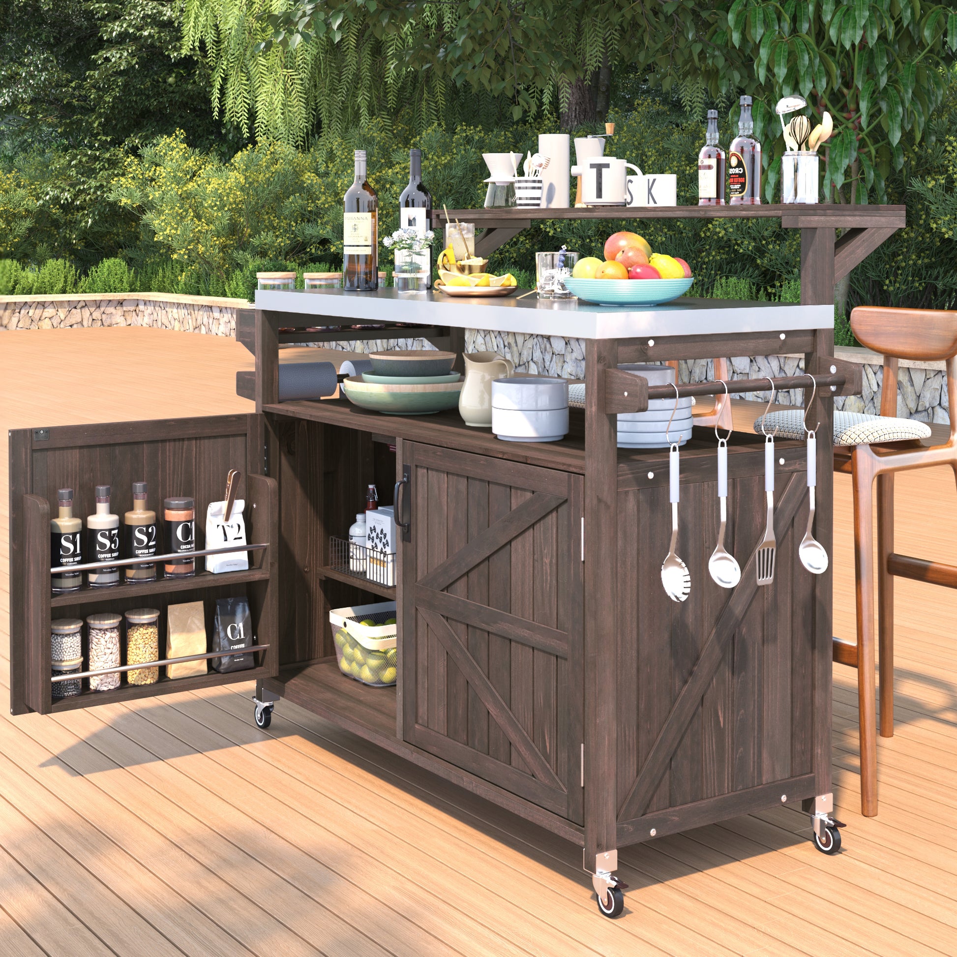 K&k 53.3' Outdoor Kitchen Island with Raised Shelf - Brown - detail view 2
