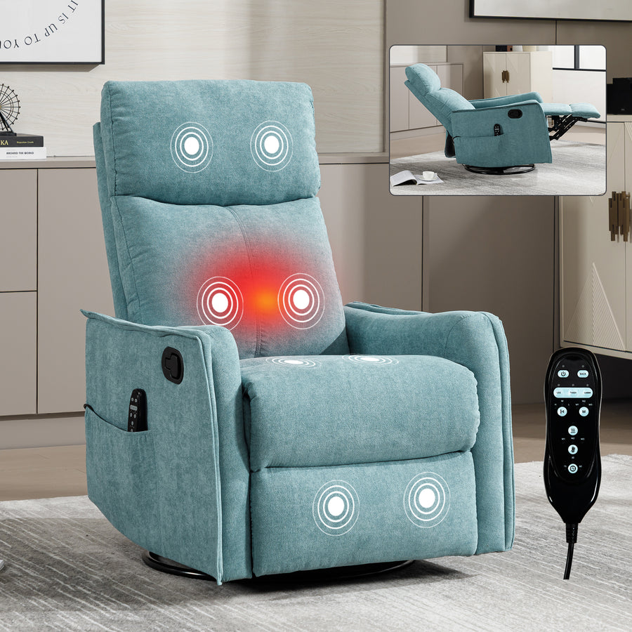 Heat Massage Manual Recliner Chair with Rocker and Swivel in Fabric - Antique Blue Green - primary color shot
