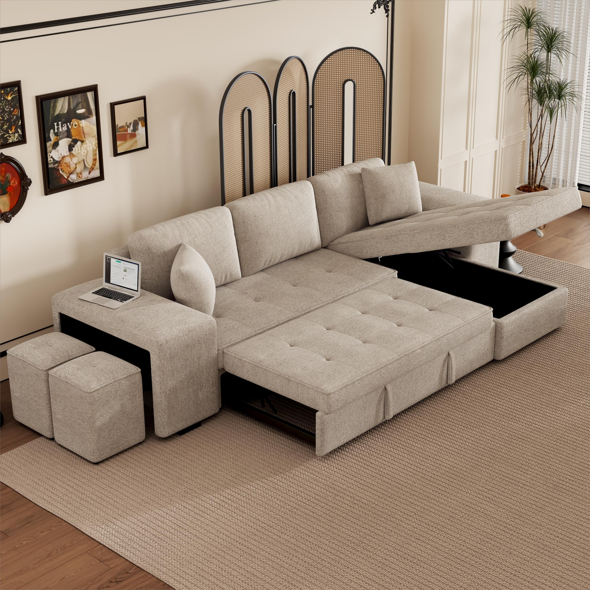 Modern L-Shape 3 Seat Reversible Sectional with Pull Out Sleeper - Cream - detail view 4