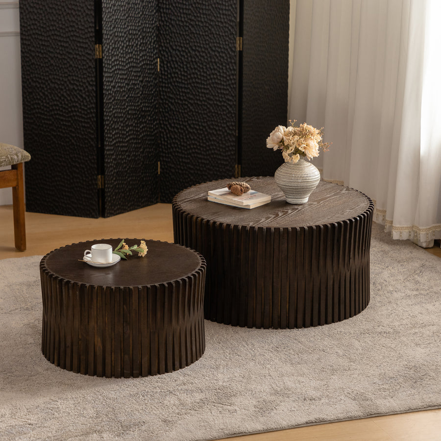 Vintage Fashion Style Cylindrical Nesting Coffee Table Set with Vertical Textured Embossed Design - Dark Brown - primary color shot