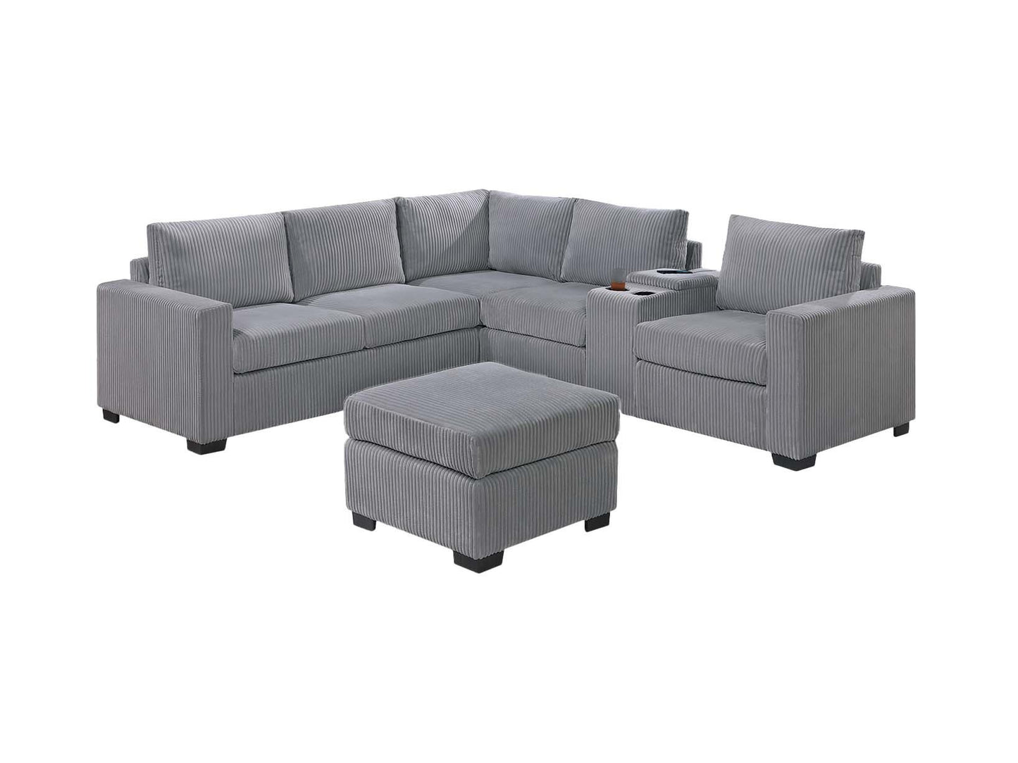 Modern Functional Light Gray Corduroy Upholstered Sectional Set Living Room One Arm Loveseat Wedge Console Ottoman 4pc Couch Sofa Set - detail view 2