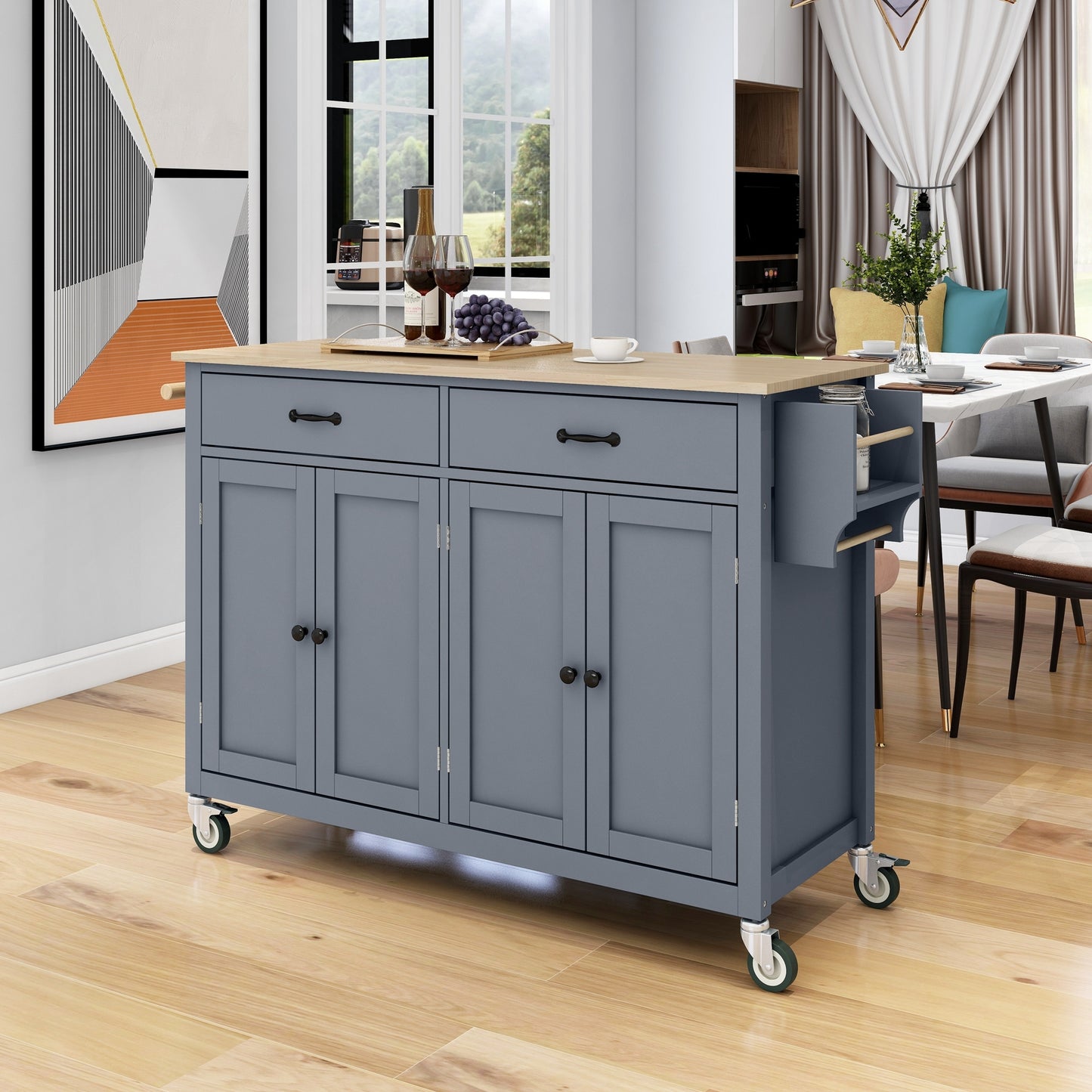 Kitchen Island Cart with Solid Wood Top & Locking Wheels - Blue - primary color shot
