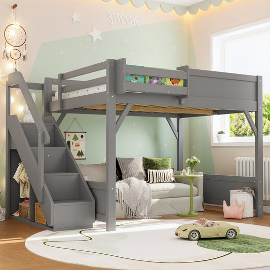 Full Size Loft Bed with Built-in Wardrobe and Storage Space - Gray - primary color shot