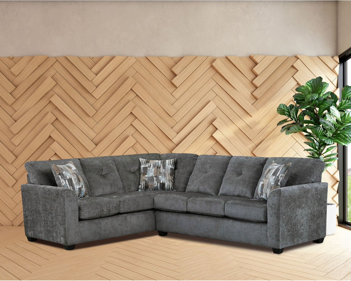 Gerald Traditional Woven Velvet Upholstered Corner Sectional, Gray