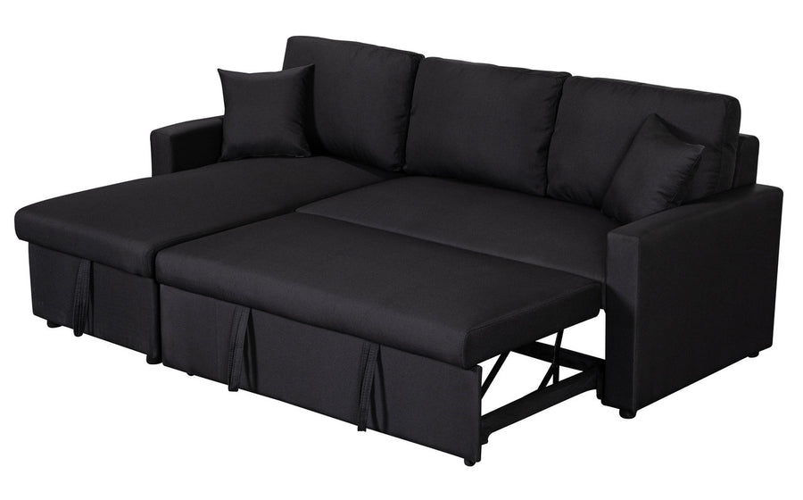 Paisley 82' Black Linen Fabric Reversible Sleeper Sectional Sofa with Storage Chaise - primary color shot
