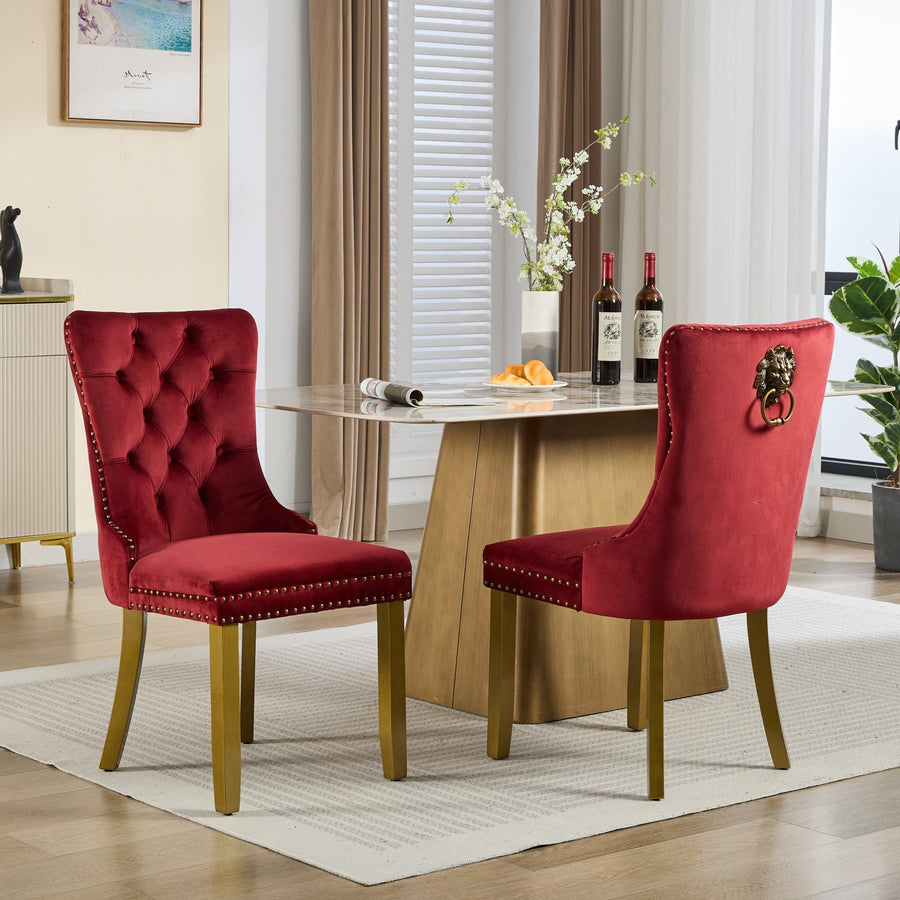 WINE RED Velvet Tufted Nailhead Trim Dining Chairs with Gold Legs (Set of 2)