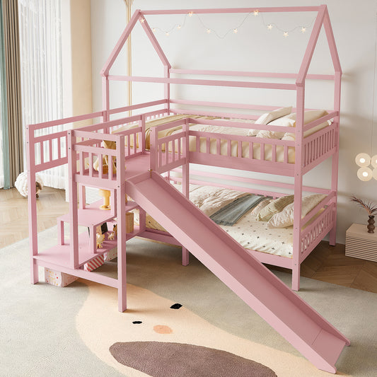 Full House-Shaped Bunk Bed with Slide - Pink - primary color shot