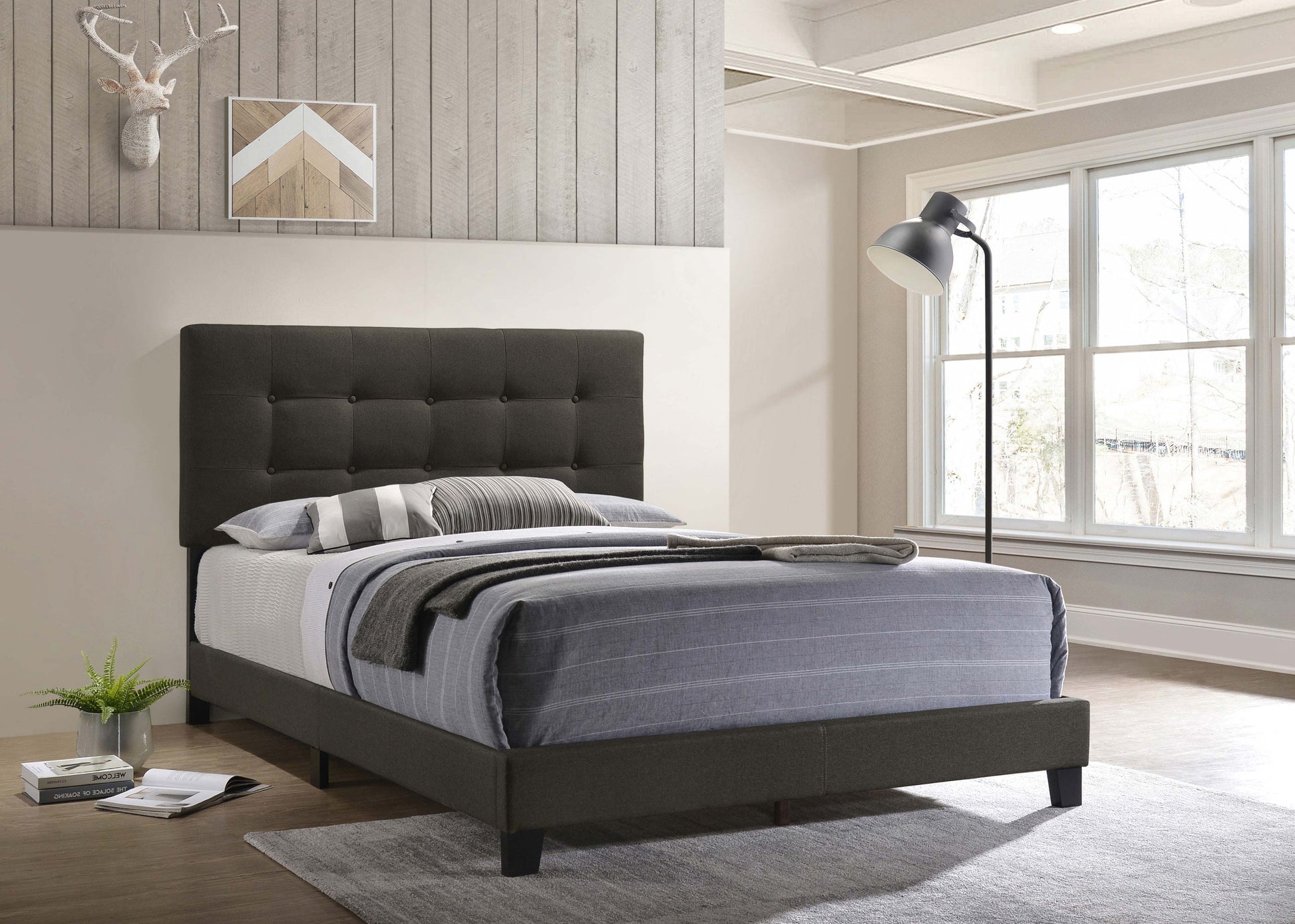 Mapes Upholstered Eastern King Panel Bed - Charcoal