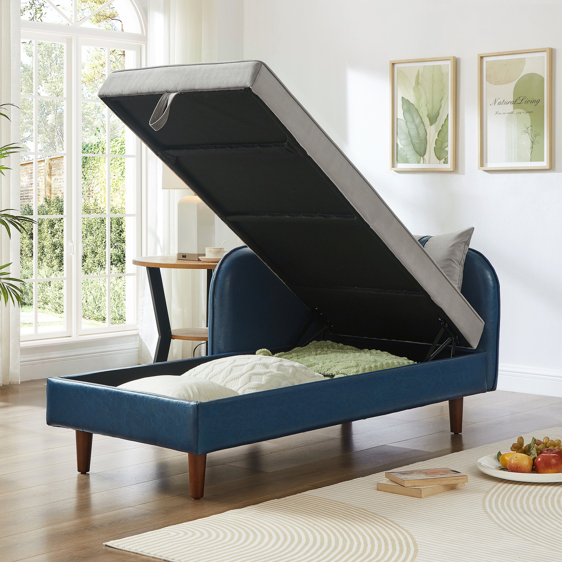 65" Storage Chaise Lounge Sofa Navy Blue PU & Light Gray Velvet - Blue & Grey - detail view 4