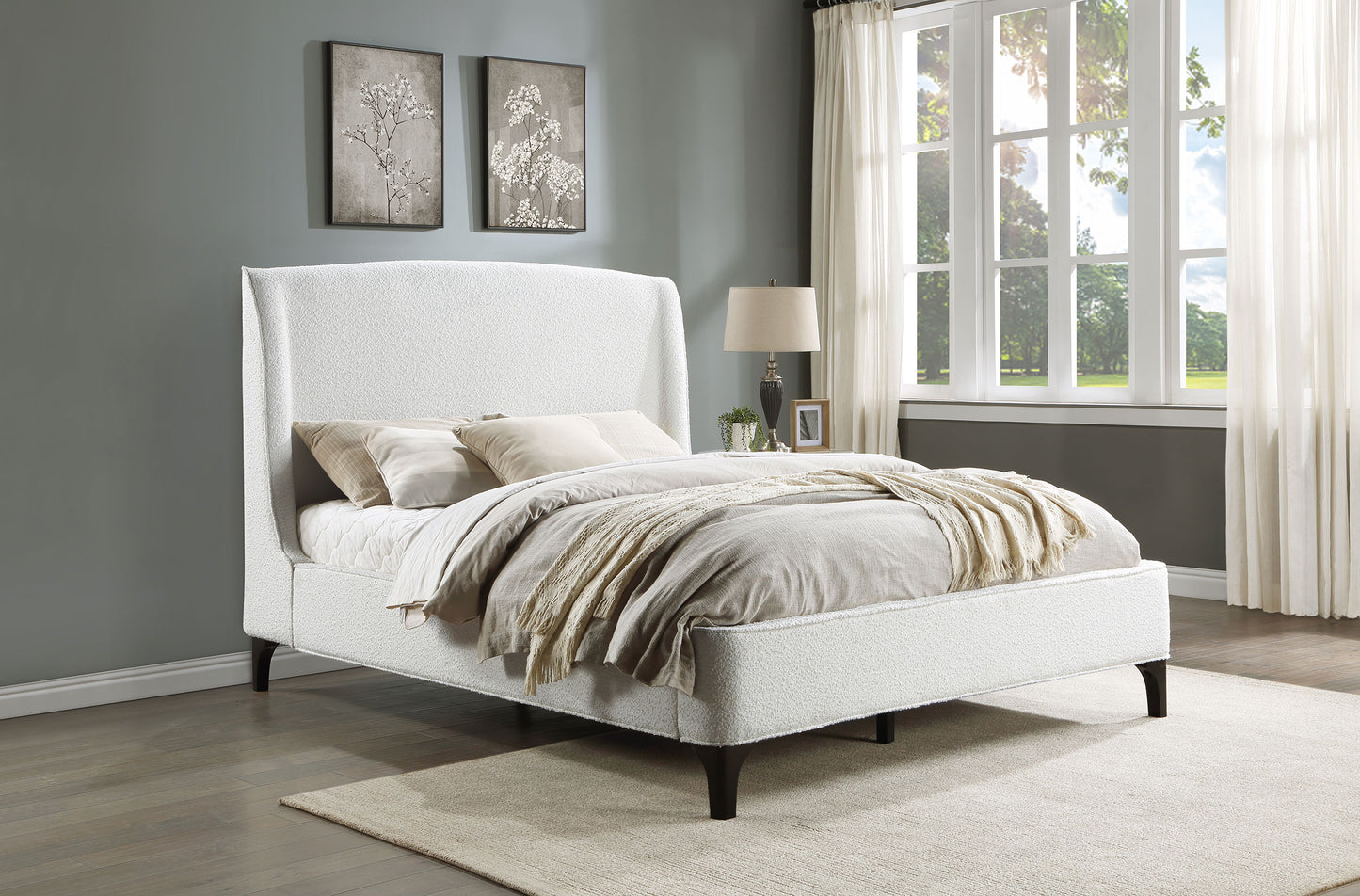 Mosby King Platform Bed with Curved Headboard in White Boucle Fabric