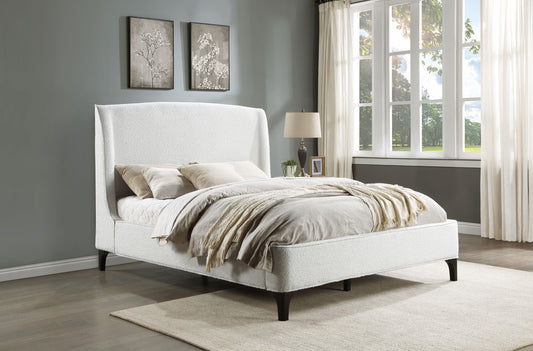 Mosby King Platform Bed with Curved Headboard in White Boucle Fabric