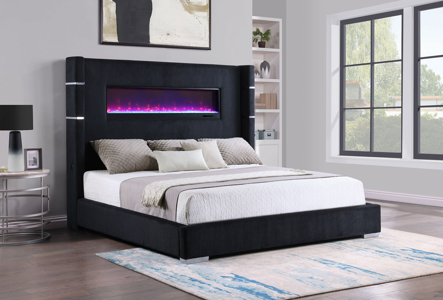 Tisdall Upholstered Queen Bed with Flame Visualizer – Black