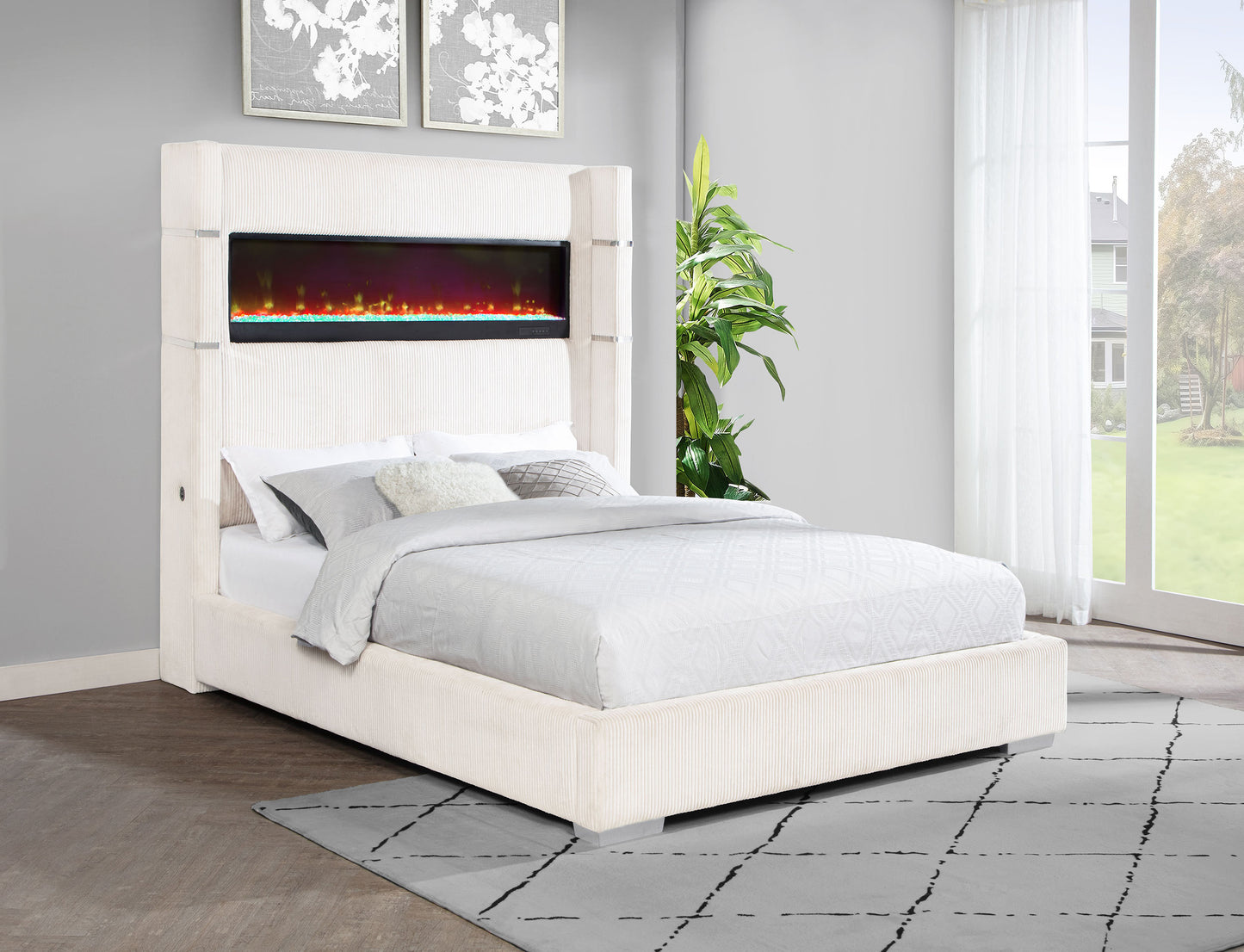 Tisdall Upholstered Queen Bed with Flame Visualizer – Cream