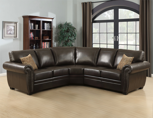 Sectional Leather Sofa with Antique Brass Nail Head Trim, Wooden Frame, High-Density Foam, Ideal for Family Gatherings - primary image
