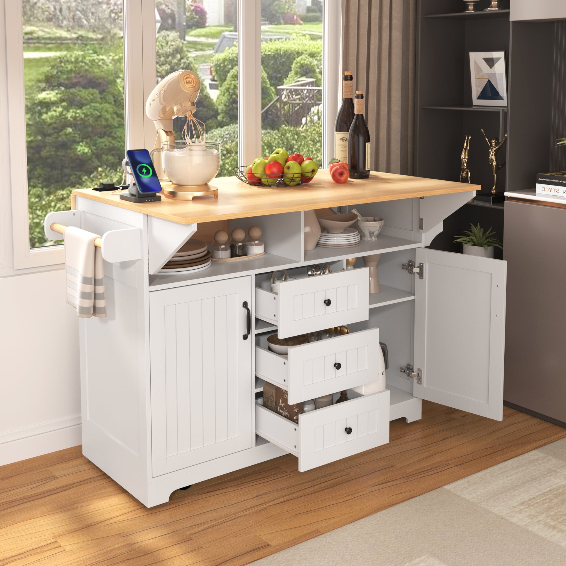 K&k 55.7'' Large Kitchen Island with 2 Drop Leaf - White - detail view 4