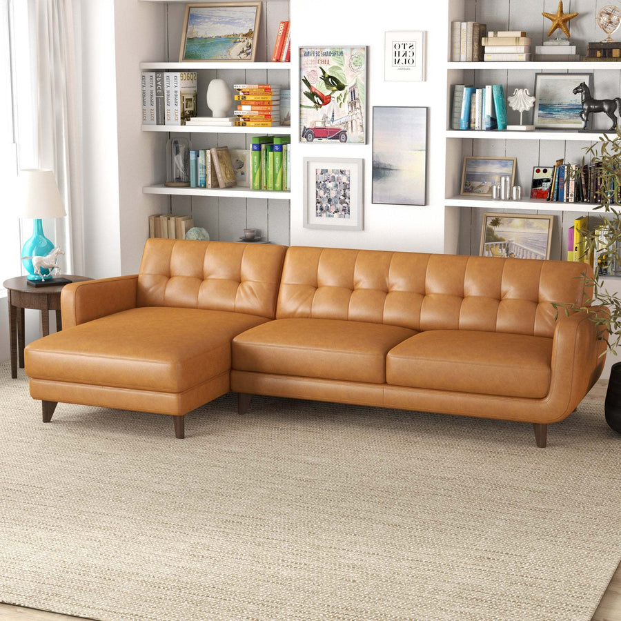 Allison Mid-Century Modern Tan Leather Sectional Sofa with Solid Wood Frame - detail view 4