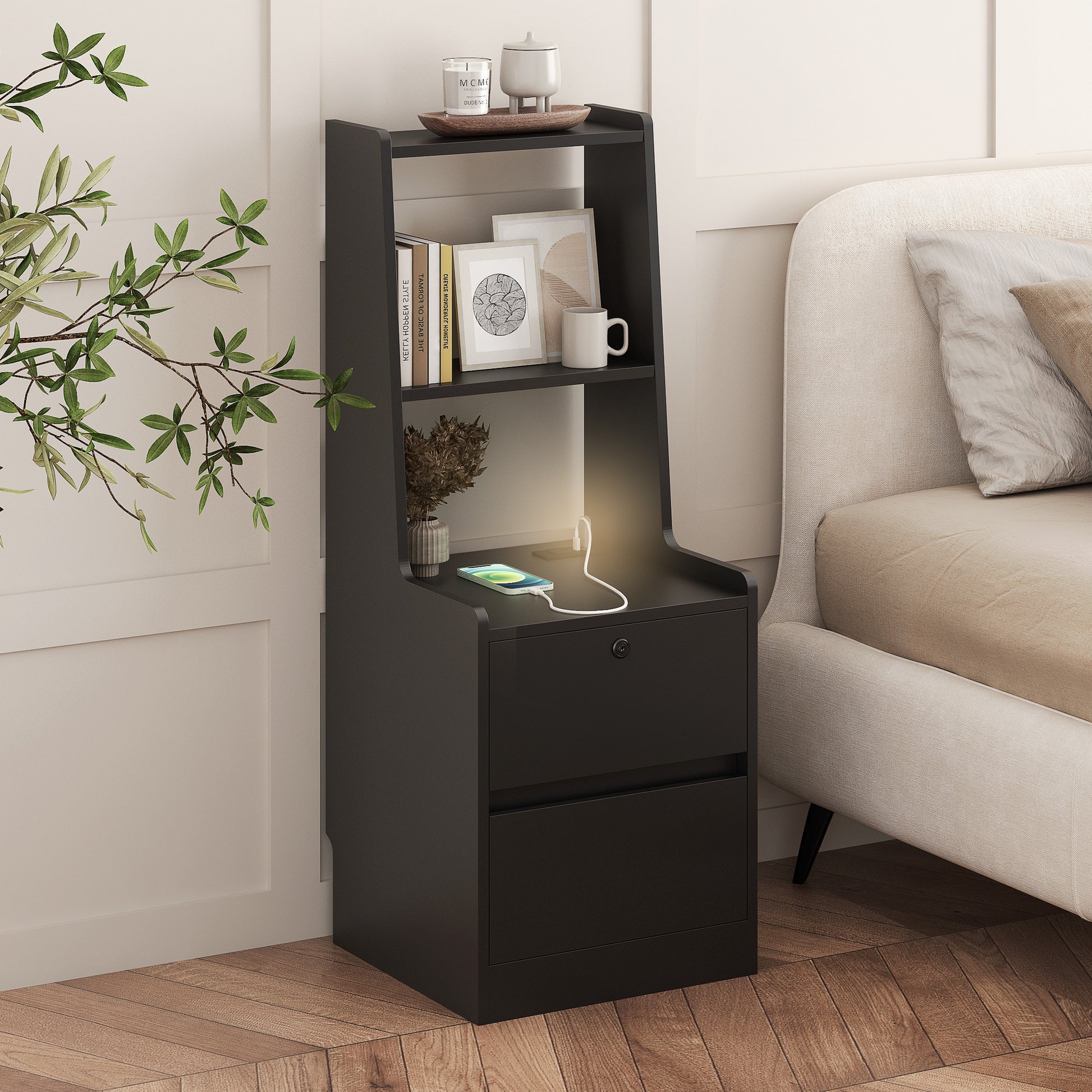 Nightstand with Charging Station - Black - detail view 2
