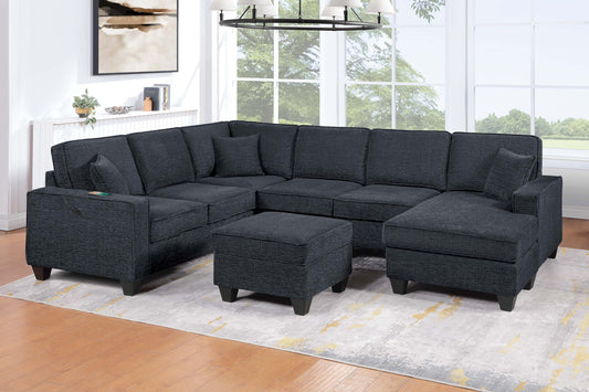 Slate Black Finish Contemporary Style 5pc Sectional Set Left Arm Loveseat With USB Port Corner Wedges Ottoman Armless Chairs Right Arm Loveseat - primary color shot