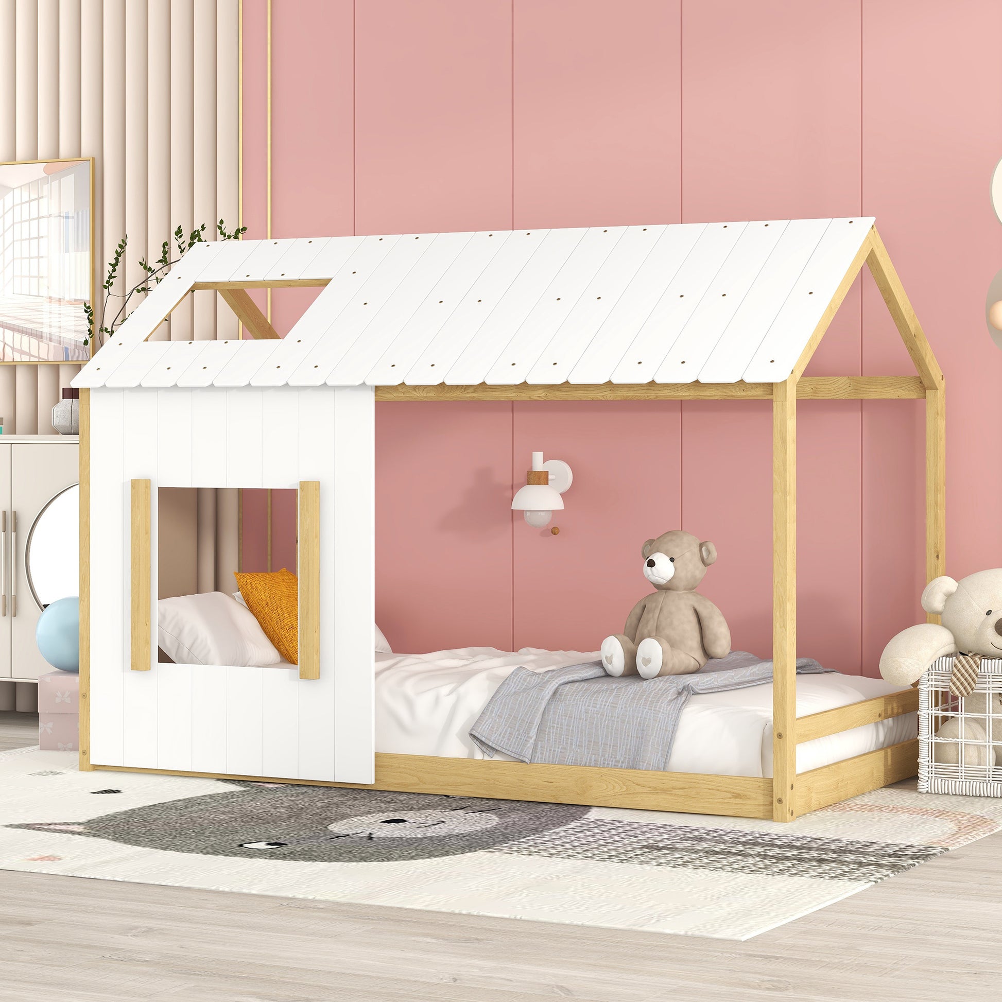Aelira Twin Size House Bed with Roof and Window - White+Natural