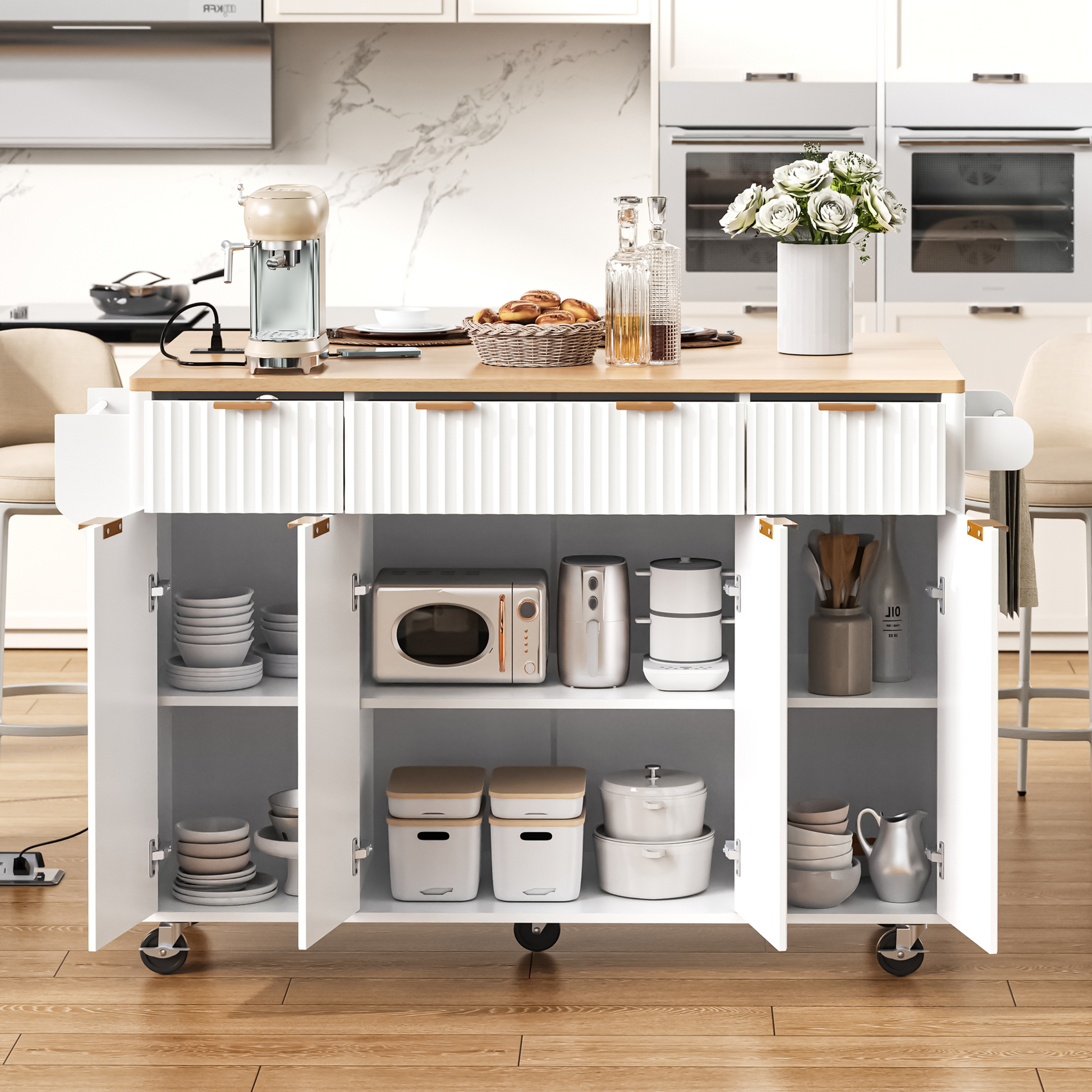 K&k Fluted Kitchen Island with Storage - White - detail view 3