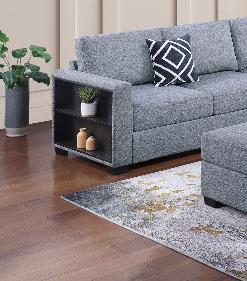 Contemporary Functional Sectional Sofa 4pc Set Gray Boucle Couch Loveseat w Built-in Shelfs Wedge, Ottoman Living Room Furniture L-Shaped Design Couch - detail view 5