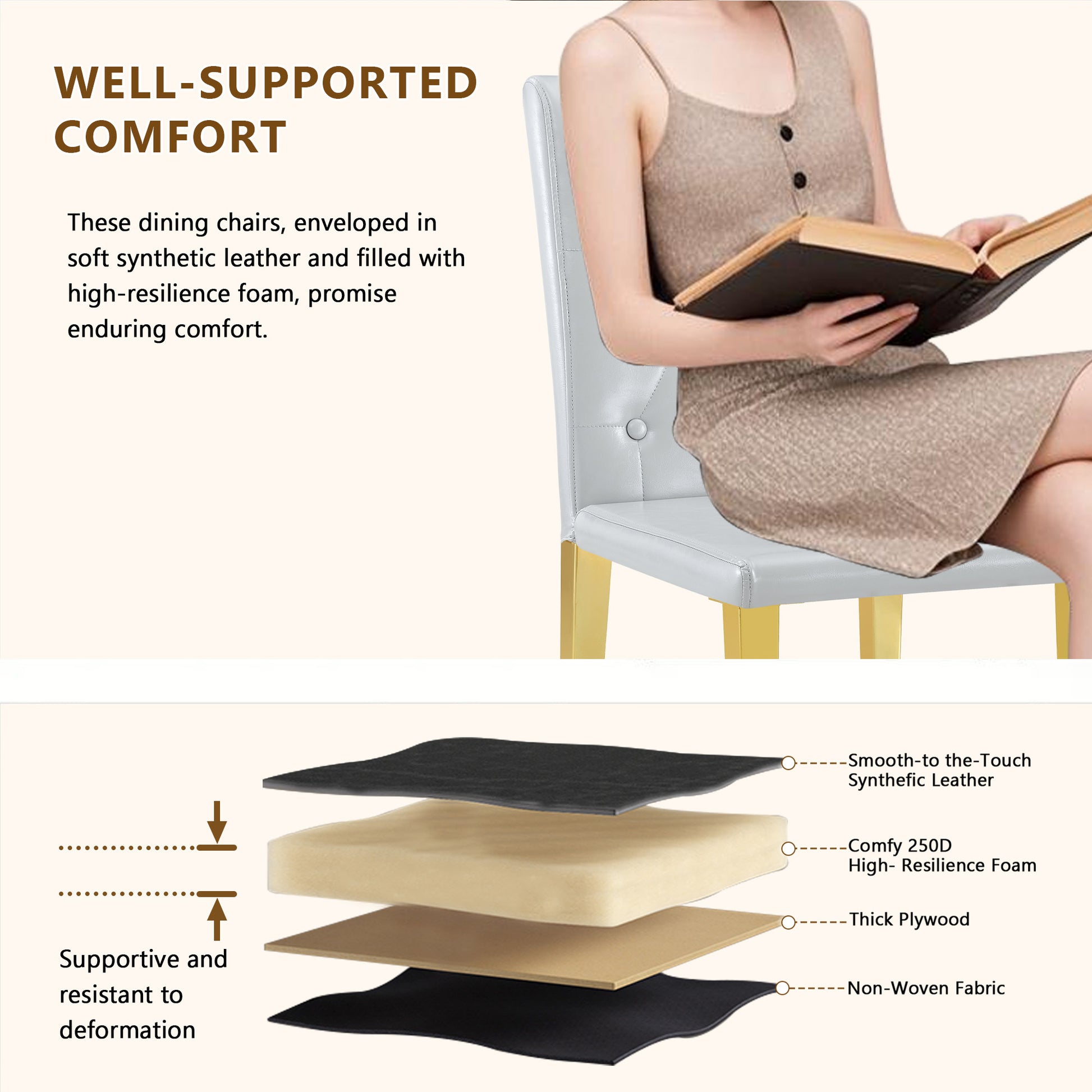 Gray Upholstered Fabric Dining Chairs with Gold Legs (set of 2) - detail view 6