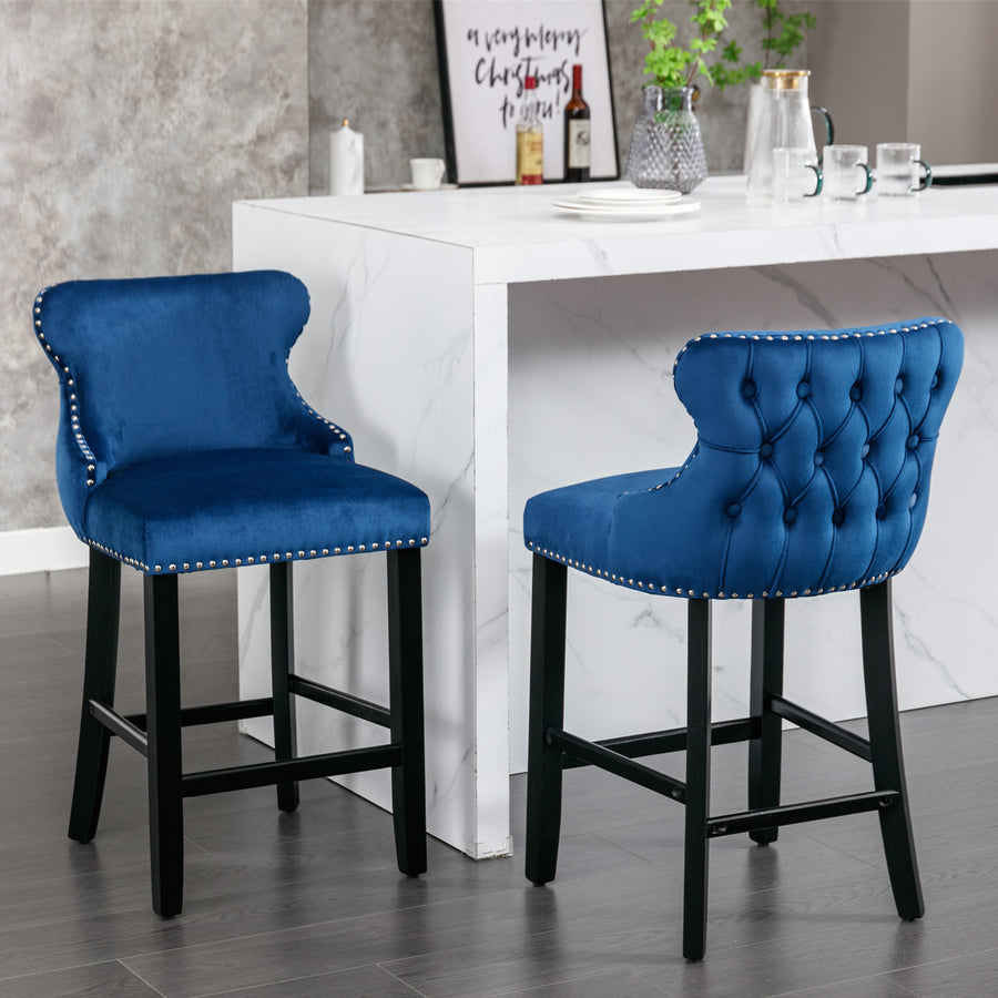 Blue Velvet Tufted Nailhead Trim Bar Stool with Silver Legs (Set of 2)