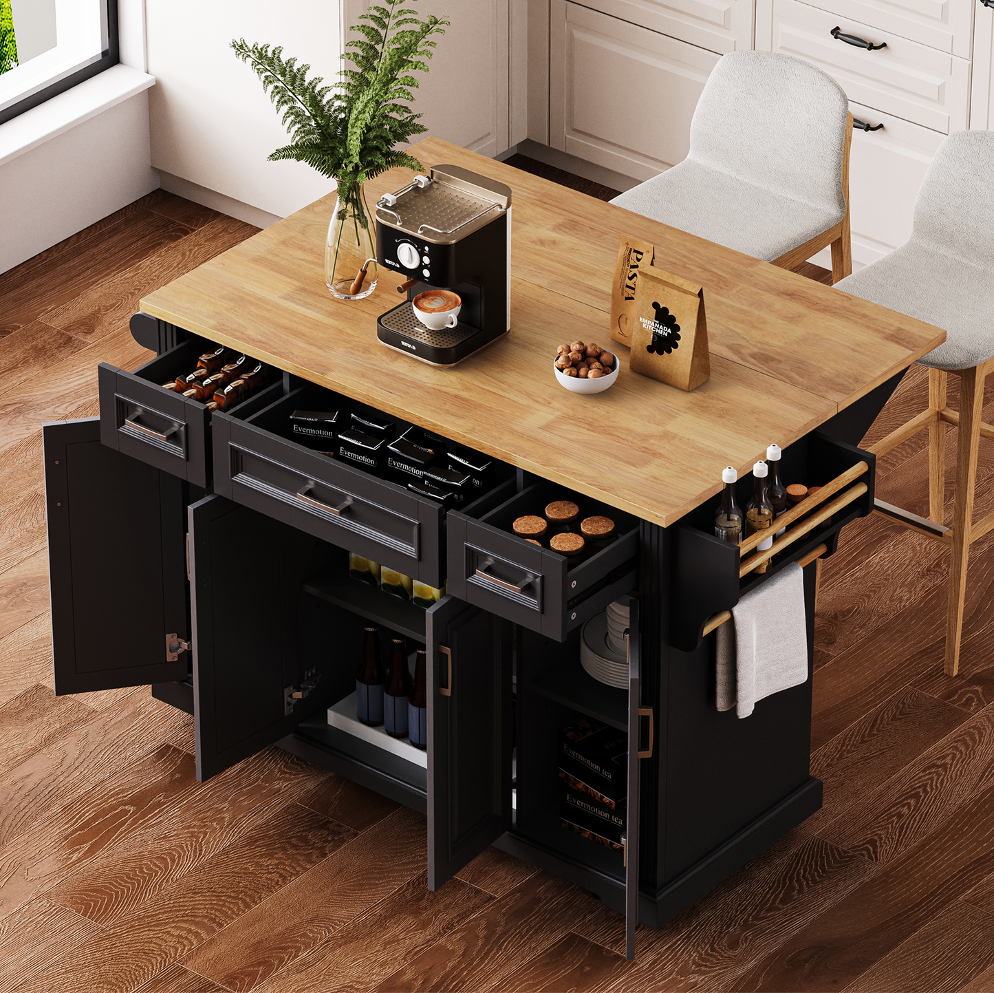 K&k 54" Large Kitchen Island with Rubber Wood Drop Leaf - Black - primary color shot