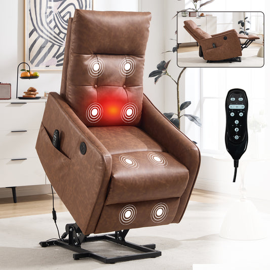 Brown PU Single Motor Power Lift Recliner Chair with Massage and Heat for Elderly - primary color shot