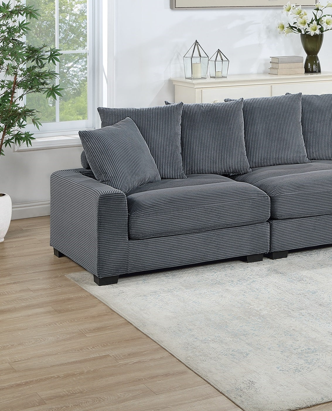 Contemporary Dark Gray 4pc Modular Sectional Set Corduroy Couch LAF & RAF Chairs Armless Chair Ottoman Living Room Furniture - detail view 3
