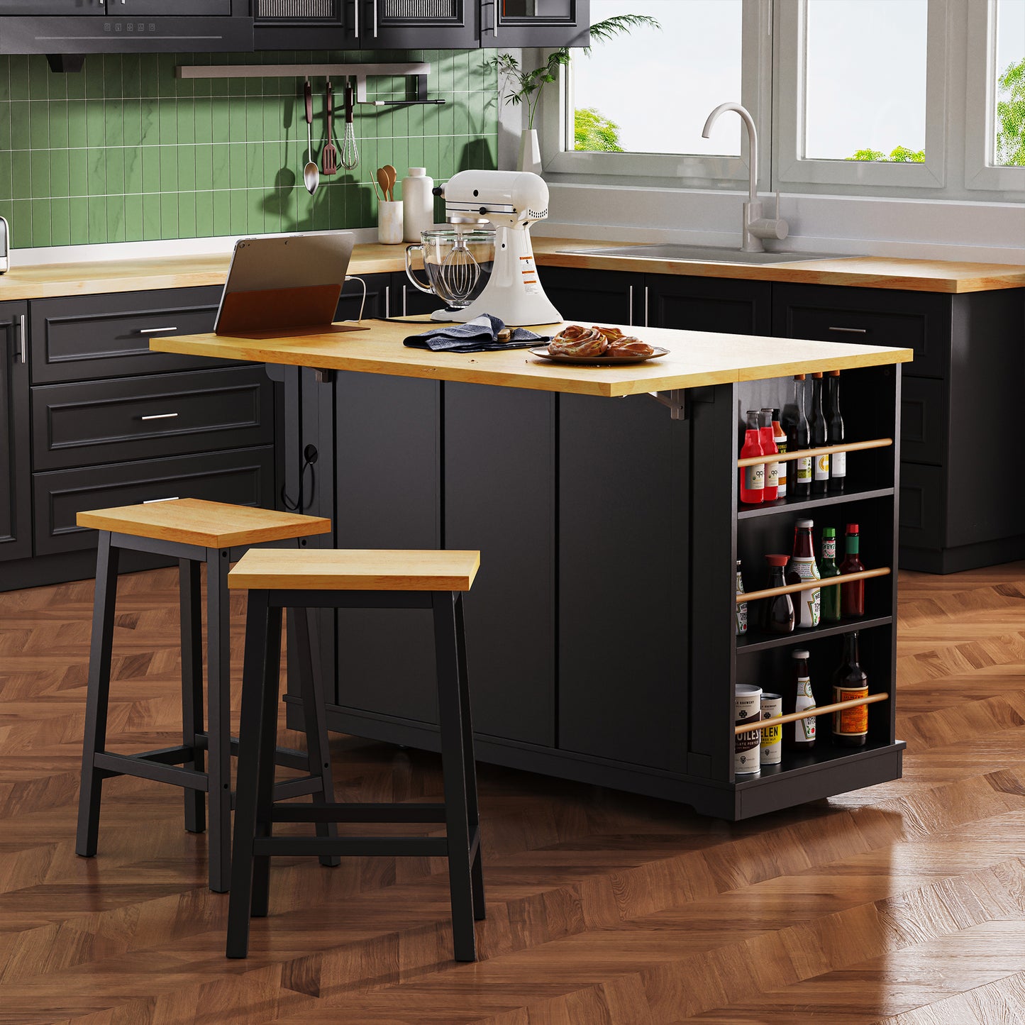 K&k 53" Large Kitchen Island with Drop Leaf - Black - detail view 3