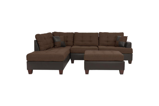 Sectional Sofa Chocolate Polyfiber Cushion Tufted Reversible 3pc Sectional Sofa, Chaise Ottoman Living Room Furniture - detail view 2