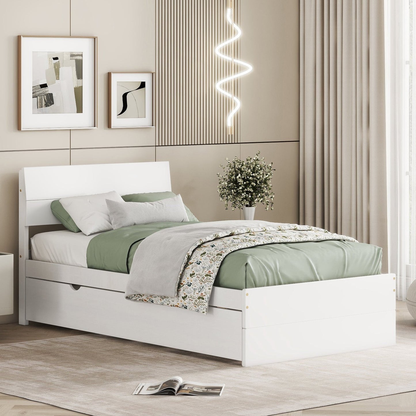 Juniper Modern High Gloss Twin Bed with Trundle, White