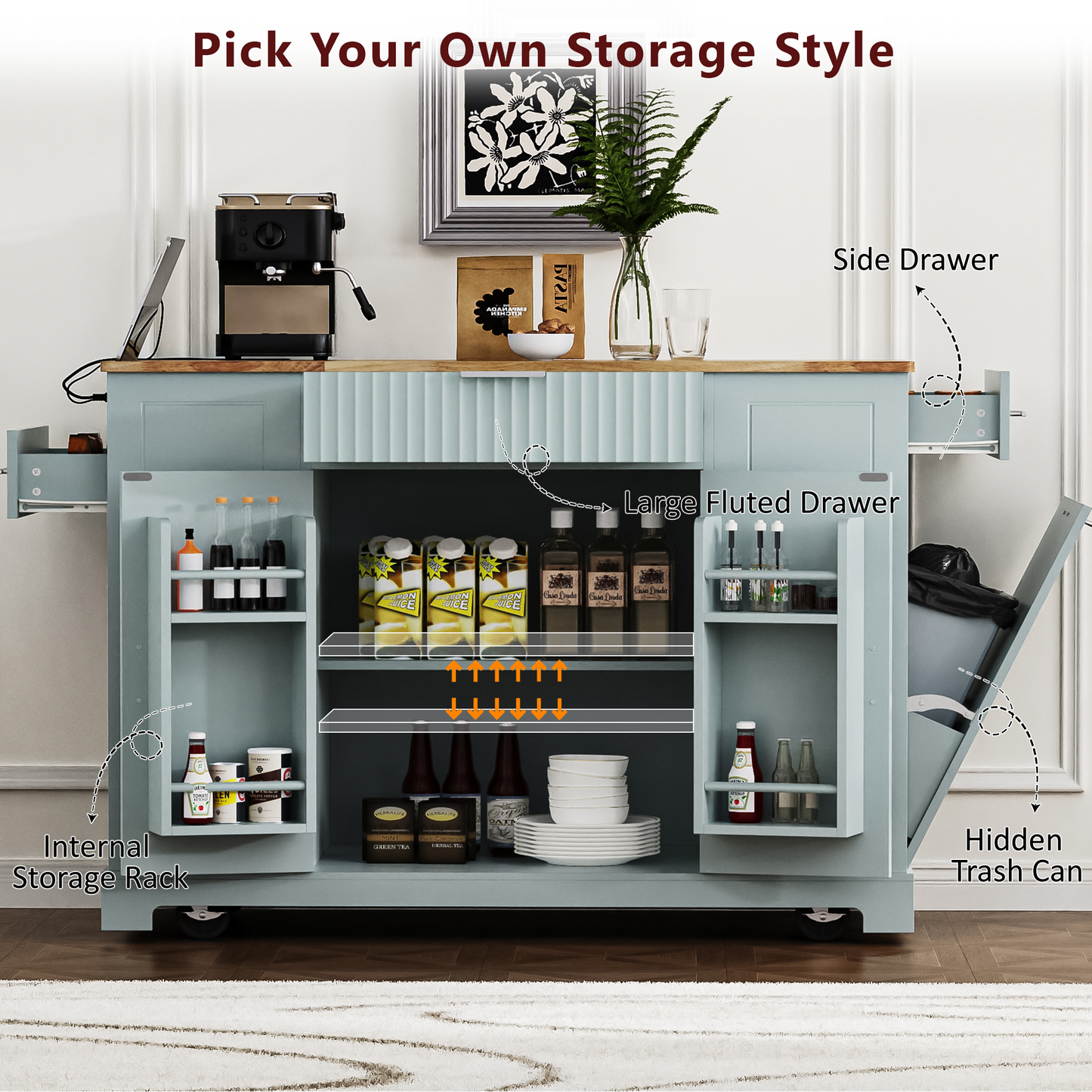 K&k Fluted Kitchen Island with Trash Can Storage Cabinet - Grey & Blue - detail view 6