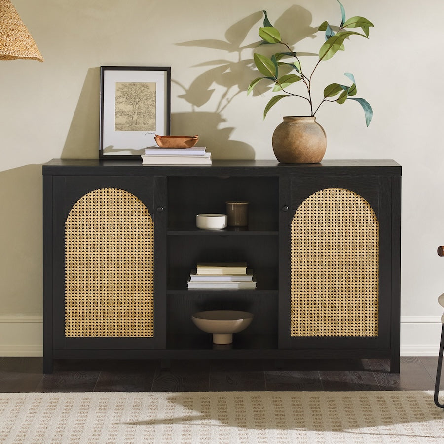 Elevateo Transitional 58" 2-Door Sideboard with Arched Rattan Panels, Black