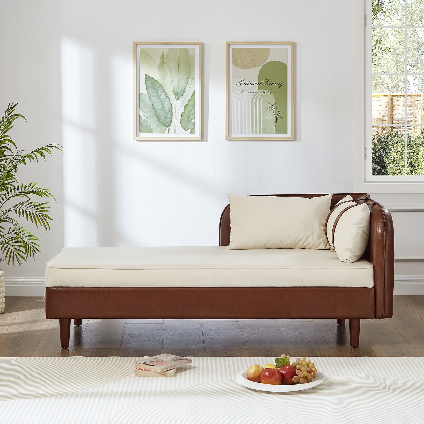 65" Storage Chaise Lounge Sofa Brown PU & Beige Velvet - detail view 3