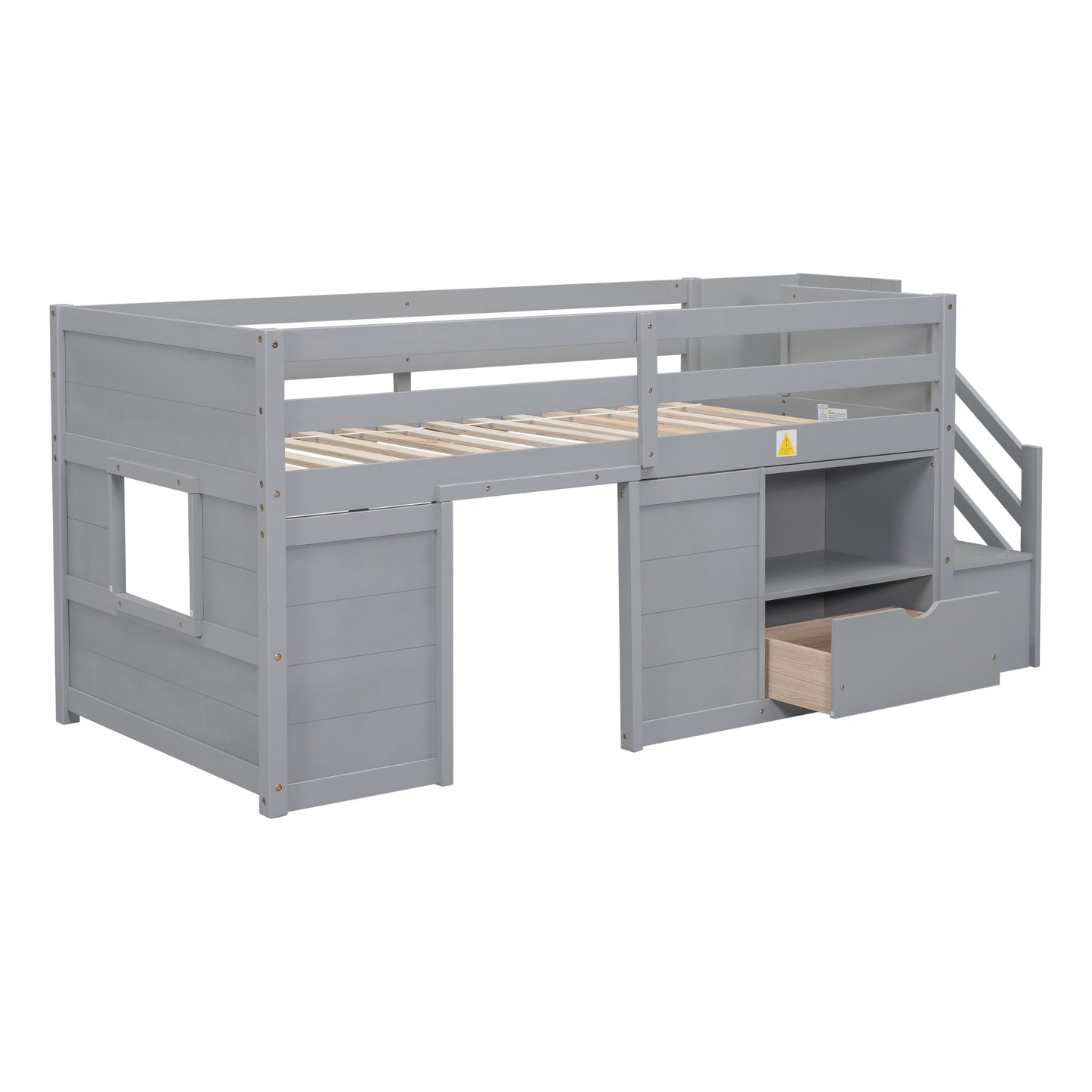 Gracen Twin Size Loft Bed with Stairway Chest & Drawers, Gray