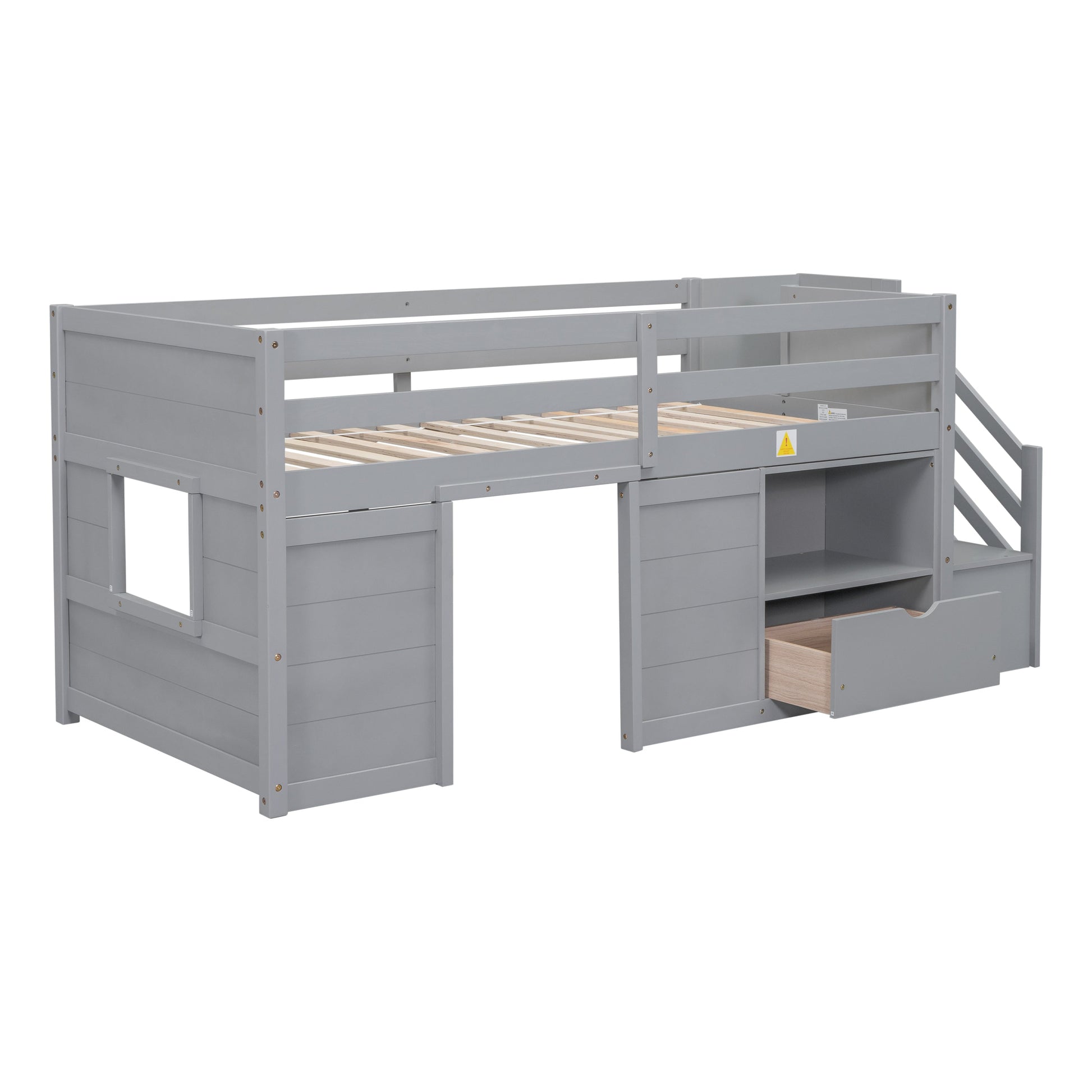 Gracen Twin Size Loft Bed with Stairway Chest & Drawers, Gray