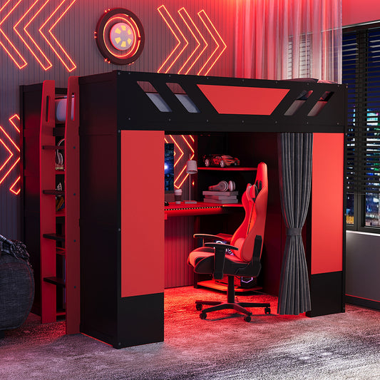 Full Size Wood Loft Bed with - Black+red - primary color shot