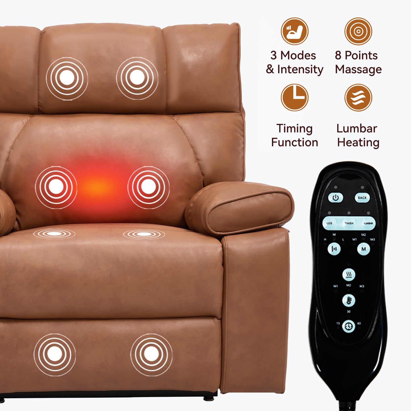 Orange Leatheraire Heat Massage Dual Motor Infinite Position Up to 350 LBS Large Electric Power Lift Recliners with Hidden Cup Holders - detail view 8