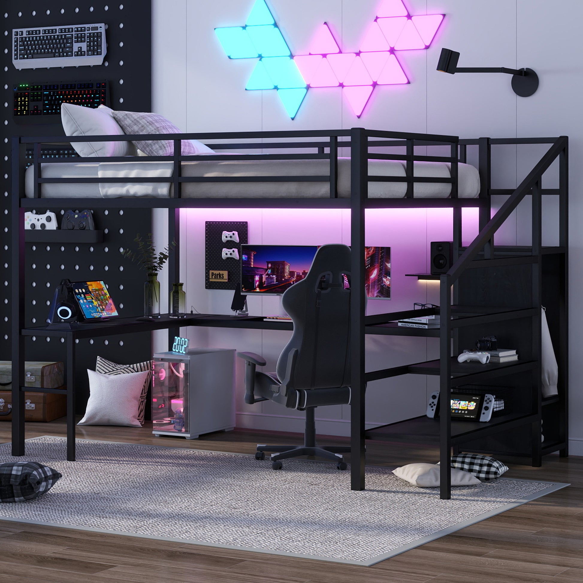 Queen Size Loft Bed with L-Shaped Desk and USB - Black - primary color shot