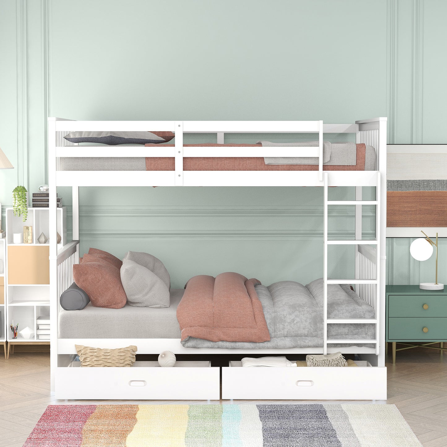 Larkspur Twin-Over-Twin Bunk Bed with Ladders and Two Storage Drawers White