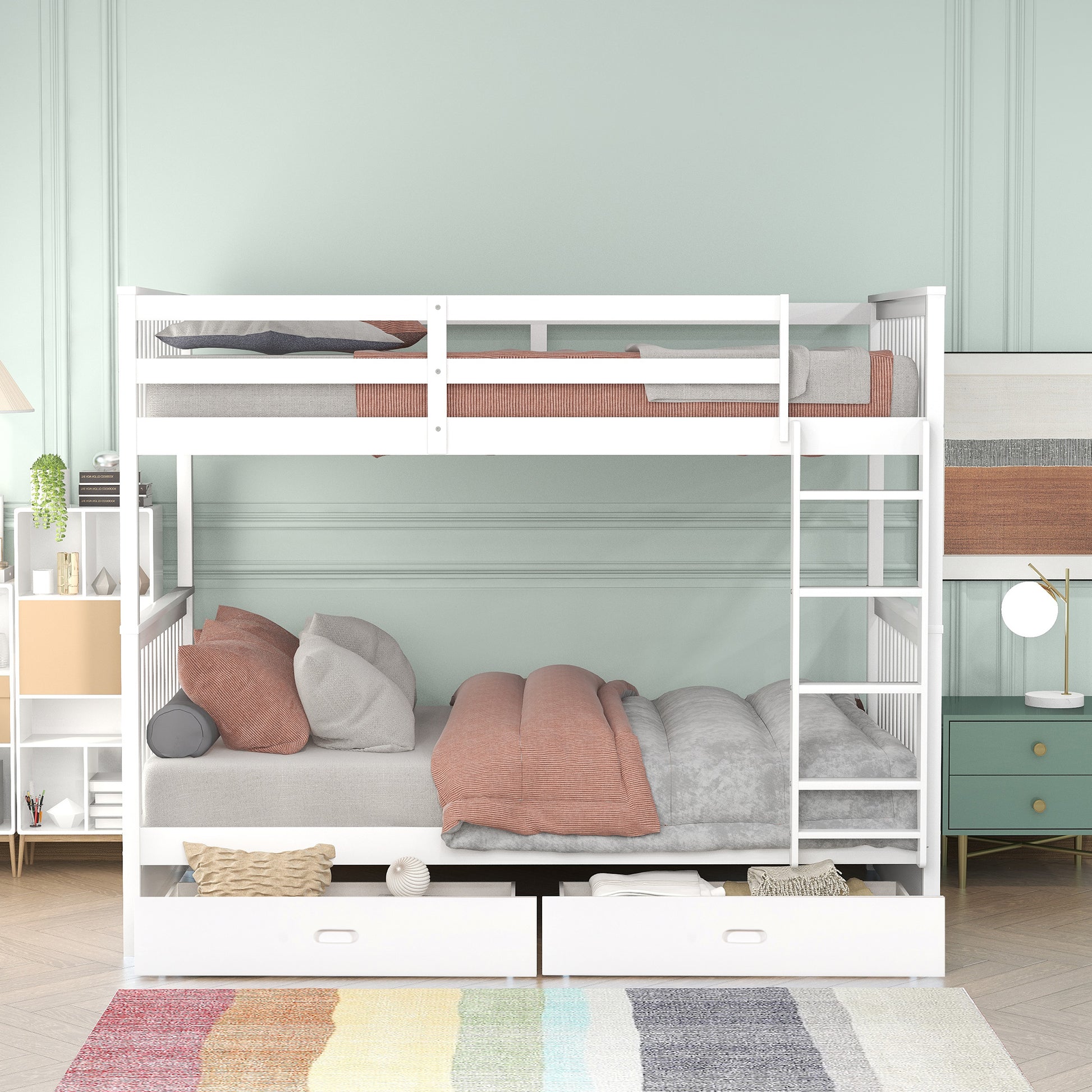 Larkspur Twin-Over-Twin Bunk Bed with Ladders and Two Storage Drawers White